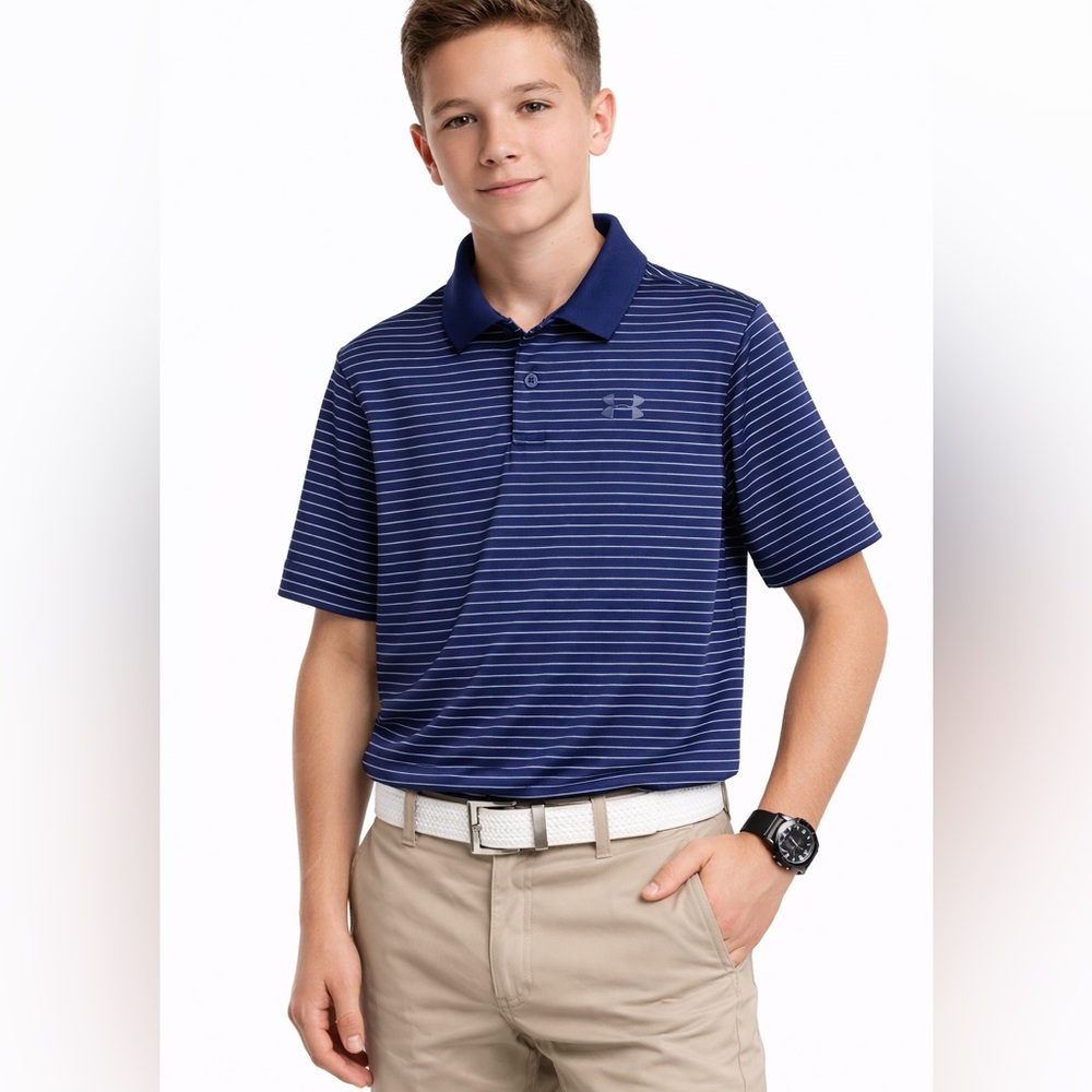Under Armour Polo Shirt Boys YLG Blue Striped Golf Performance Short Sleeve